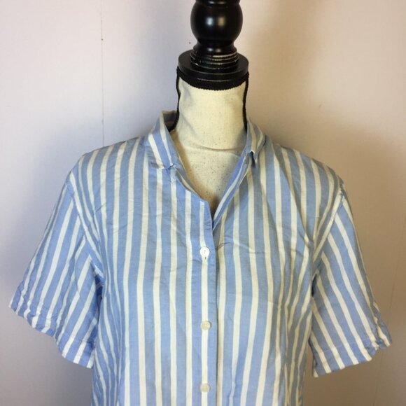 Uniqlo Shirt Size M Womans Blue White Striped Linen Blend Short Sleeve Cropped - Picture 4 of 15